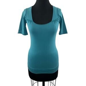 Y2K 00's ZOOEY Teal Blue Square Neck Ruched Detail Short Sleeve Top Size XS USA